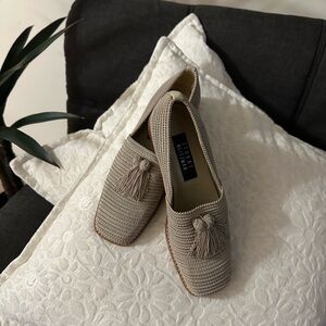 Stuart Weitzman Taupe Raffia Tassel Loafers